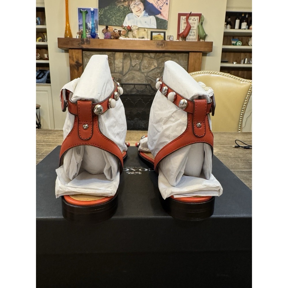 Coach Sadie Semi Black Calf Studded Sandals‎ Size 6.5 Deep Coral T Strap - Picture 5 of 10